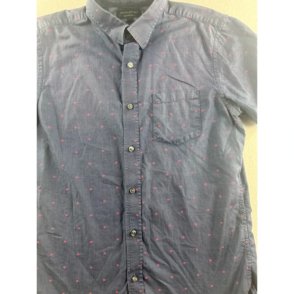 Banana Republic Mens Navy Blue Star Print Short Sleeve Button Down Shirt Slim M